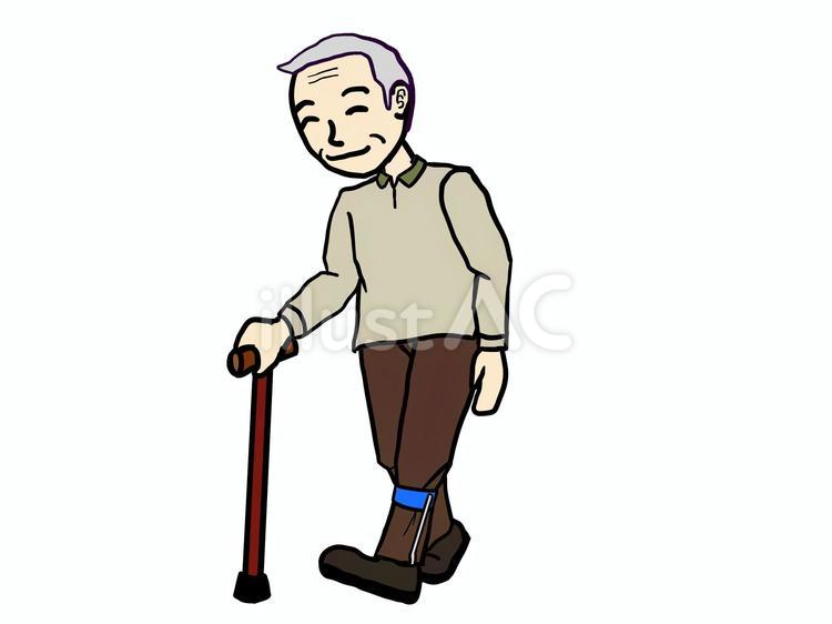 短下肢装具を付けて杖歩行するおじいさん 短下肢装具,杖,歩行のイラスト素材