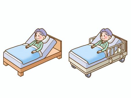 ベッド／介護ベッド：男性 男性,人物,療養,就寝,安静,休憩,パジャマ,高齢者,老人,ベッドのイラスト素材