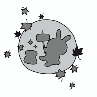 十五夜 十五夜,お月見,満月,うさぎ,紅葉,秋,白黒,モノトーン,可愛い,ゆるいのイラスト素材