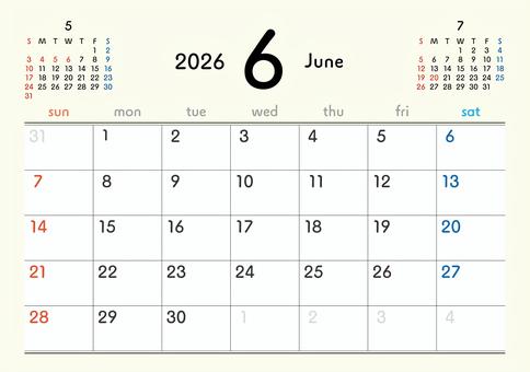 2026カレンダーB3 6月 253 カレンダー,2026年,6月,水無月,june,令和8年,日曜始まり,スケジュール,1年,月のイラスト素材