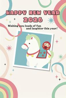 年賀状2026_午とだるまレトロ縦 年賀状,2026年,午年,馬,だるま,年賀はがき,淡い色,テンプレート,正月,令和8年のイラスト素材
