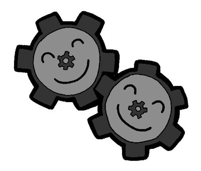 かみ合う　歯車　イラスト かみ合う,灰色,歯車,二個,笑顔,背景,なしのイラスト素材