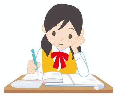 勉強している学生 勉強,受験勉強,高校生,中学生,受験生,女の子,女子,制服,考える,頬杖のイラスト素材