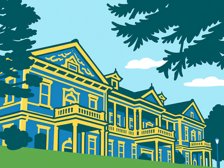 異国情緒 ハイカラな洋館 旧函館区公会堂 異国情緒 ハイカラな洋館 旧函館区公会堂 旧函館区公会堂,函館,洋館,ハイカラ,洋風建築,青,黄色,バルコニー,坂,北海道のイラスト素材