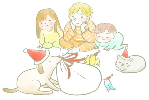 クリスマスの子供たちと犬と猫と小鳥 クリスマス,子供,女の子,男の子,犬,猫,小鳥,プレゼント,手描き,帽子のイラスト素材