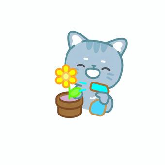 イラスト0124 猫,花,水やり,ガーデニング,植物,鉢植え,かわいい,キャラクター,自然,春のイラスト素材