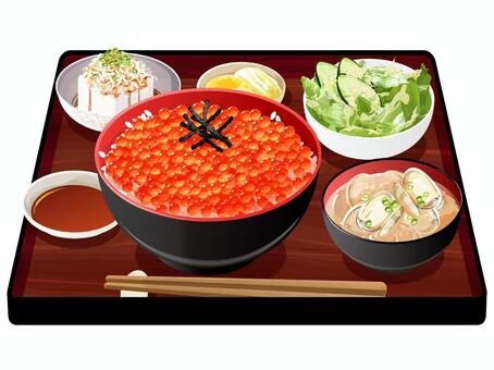 イクラ丼定食 イクラ丼,定食,料理,食べ物,丼物,イクラ,味噌汁,アサリ,ネギ,サラダのイラスト素材