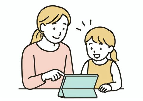 親子でタブレットを使って学習している様子 親子,母親,娘,タブレット,子供,家族,デジタル,リモート,見守り,学習のイラスト素材