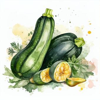 Illustration, zucchini, verdure, acquerello, 