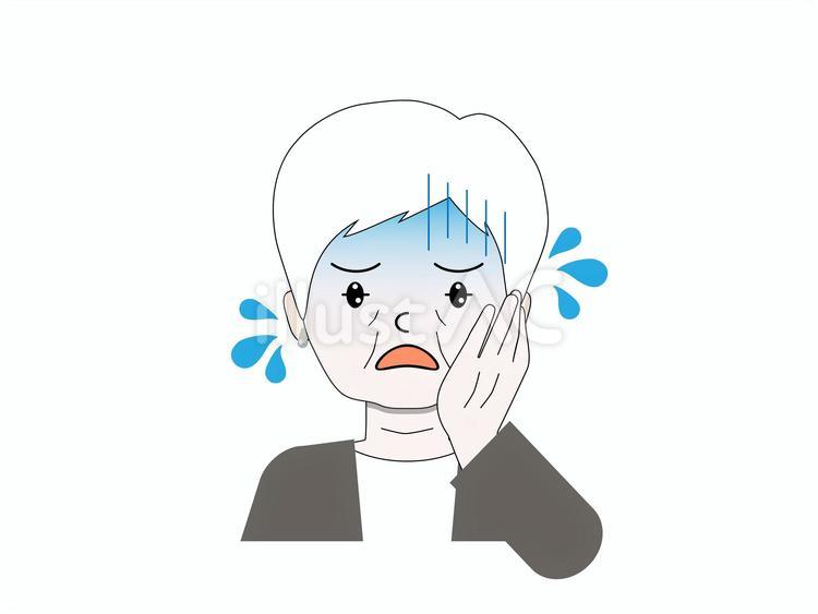 青ざめて冷や汗をかく白髪女性 女性,老人,高齢者のイラスト素材