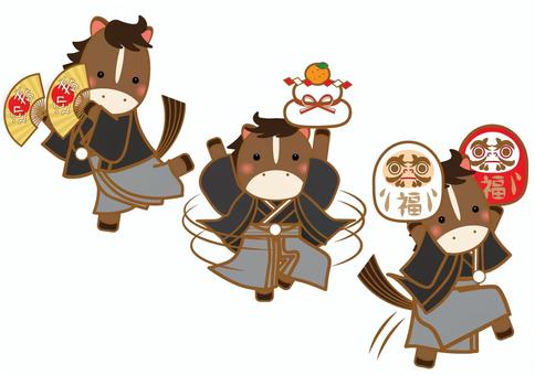 袴で舞う馬 年賀状,2026年,馬,午年,干支,踊る,舞う,正月,だるま,紅白のイラスト素材