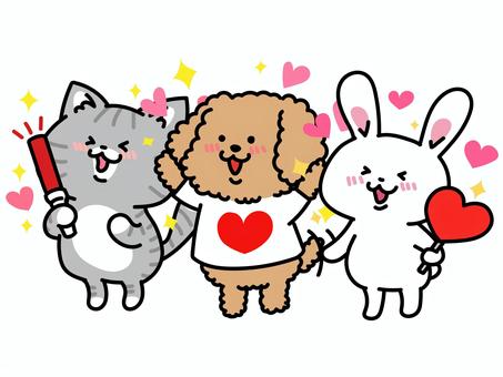 みんなで推し活！赤担当の犬猫兎トリオ 推し活,レッド,赤担当,推し事,推しメン,好き,愛,オタ活,尊い,コンサートのイラスト素材