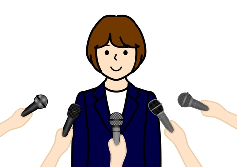 囲み取材・インタビューを受けるスーツ女性 インタビュー,囲み,取材,報道,ニュース,質問,記者,手,5人,受賞のイラスト素材