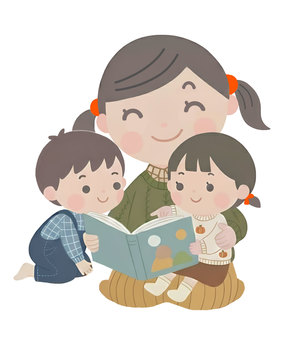 人物素材160＿「絵本読んで」 お姉ちゃん,妹,弟,絵本,読み聞かせ,抱っこ,笑顔,女の子,かわいい,人物のイラスト素材