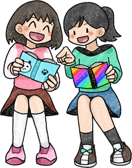 手帳を見せ合う女の子たち クレヨン調,子供,女の子,手帳,シール帳,シール交換のイラスト素材