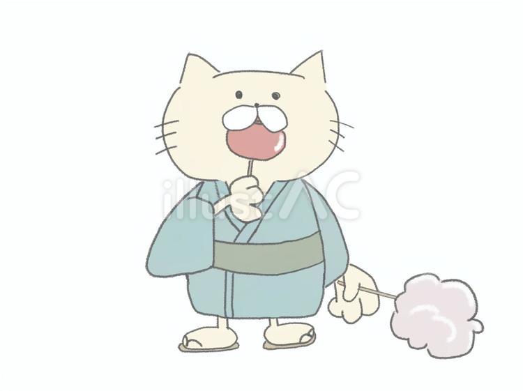 りんご飴を食べながら綿菓子を持つ猫 りんご飴,綿菓子,猫のイラスト素材