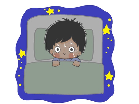 目がさえて寝れない３ 手描き,男の子,黒髪,布団,枕,夜,夜中,不眠,眠れない,寝不足のイラスト素材