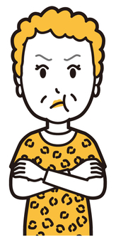  大阪のおばちゃん(黄)-021-バスト 拗ねる,おばちゃん,大阪,ヒョウ柄,おばはん,中年,女性,関西,派手,おばさんのイラスト素材