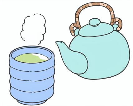 緑茶の手描きイラスト2 緑茶,急須,湯呑み,日本茶,お茶,飲み物,手描き,挿絵,カテキンのイラスト素材
