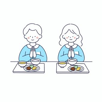 園児がいただきますをするイラスト 人物,幼児,子ども,幼稚園,保育園,給食,食事,いただきます,ごはん,教育のイラスト素材