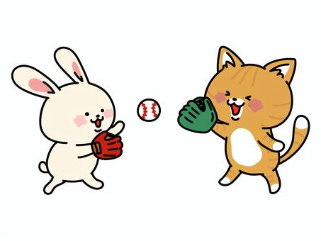 キャッチボールをするウサギと猫ちゃん うさぎ,ねこ,野球,スポーツ,キャッチボール,草野球,高校野球,球児,少年野球,練習のイラスト素材
