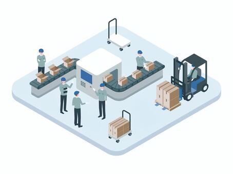 アイソメトリック_工場_ベルトコンベア アイソメトリック,立体,アイソメ,斜め上,倉庫,物流,フォークリフト,ベルトコンベア,出荷準備,在庫管理のイラスト素材