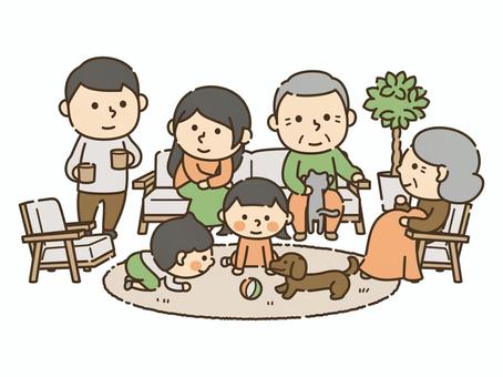 リビングでペットと過ごす6人家族 リビングでペットと過ごす6人家族 人物,家族,3世代,2世帯,ファミリー,犬,猫,ペット,動物,リビングのイラスト素材