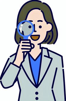 A woman looking through a magnifying glass, , JPG, PNG and AI