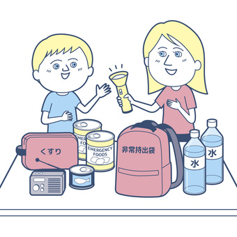 防災グッズ確認_外国人親子_淡色版 家族,親子,外国人,防災,避難,非常持ち出し袋,ファミリー,上半身,母親,男の子のイラスト素材