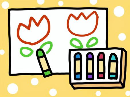 クレヨンで描く　クレヨンと紙背景あり クレヨン,描く,文房具,図工,チューリップ,遊び,紙,シンプルのイラスト素材