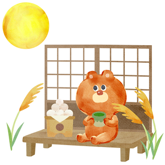 水彩画_縁側でお月見_01 熊,動物,手描き,水彩画,水彩,水彩風,水彩画風,十五夜,中秋の名月,風流のイラスト素材