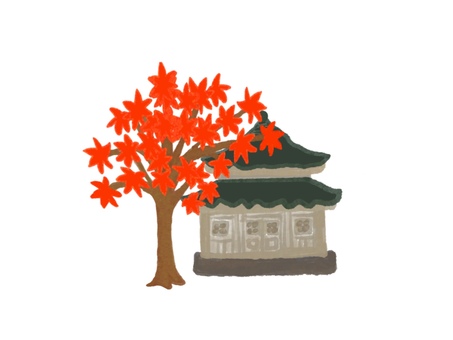 紅葉 紅葉,お寺,秋,水彩タッチ,デジタルアート,もみじ,秋イラスト,紅葉イラスト,水彩イラストのイラスト素材