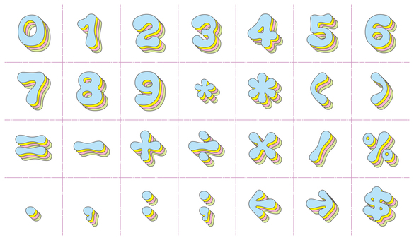 やわ文字 重ね　数字・記号 文字,オリジナル,やわらかい,ぐにゃぐにゃ,重ね,多重,細線,パステル,太字,書体のイラスト素材