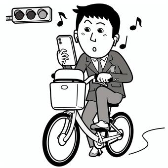 自転車の違反運転（男子学生）2_モノクロ 自転車,違反,イヤホン,スマホ,スマートフォン,ながら,運転,よそ見,道路交通法,赤信号のイラスト素材