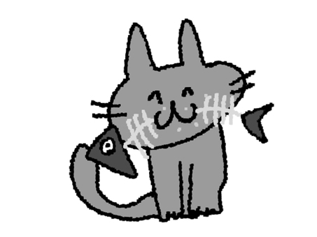 魚をくわえる猫 猫,魚,骨,可愛い,お知らせ用,宣伝用,pop調,手描き,挿絵,ワンポイントのイラスト素材