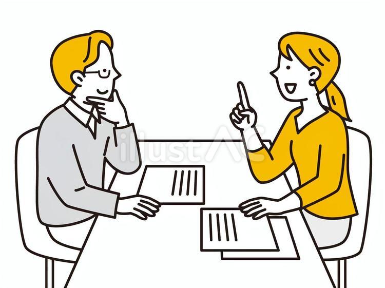 向かい合って話し合う男性と女性と書類 会話,相談,話すのイラスト素材