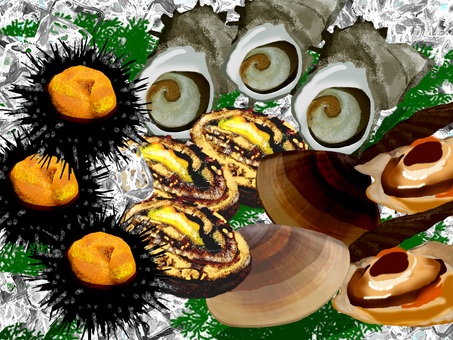 神饌貝類 貝,サザエ,鮑,ホタテ,ウニ,はまぐり,氷のイラスト素材