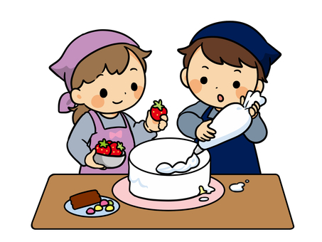 ケーキを作る子供達 子供,男の子,女の子,二人,協力,ケーキ,お菓子,お菓子作り,調理,エプロンのイラスト素材