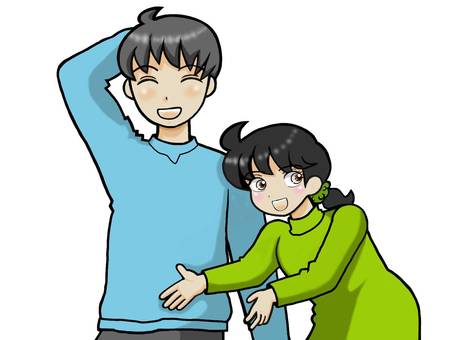 照れる男性を紹介する長袖の女性 男性,女性,ワンピース,トレーナー,二人,笑顔,紹介,シュシュ,黒髪,冬服のイラスト素材