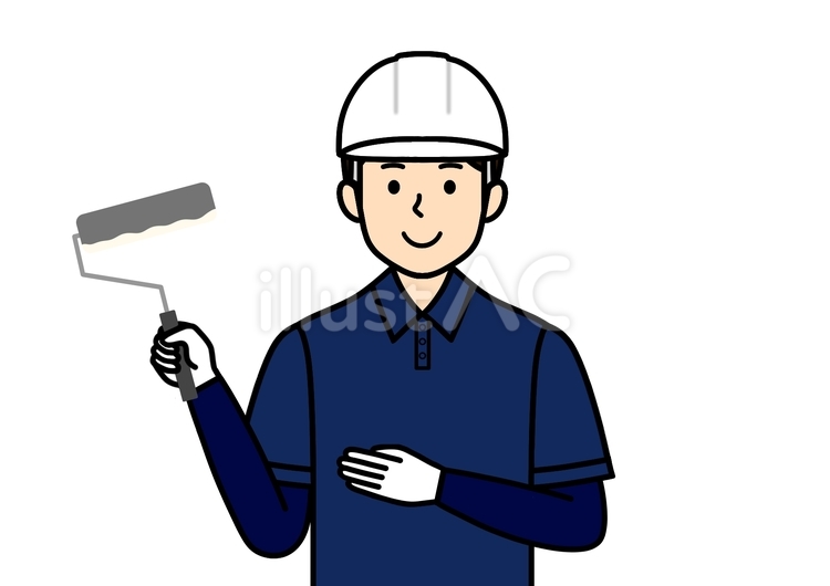 ローラーを持った塗装工・屋根職人の男性 塗装工,おまかせください,ヘルメットのイラスト素材