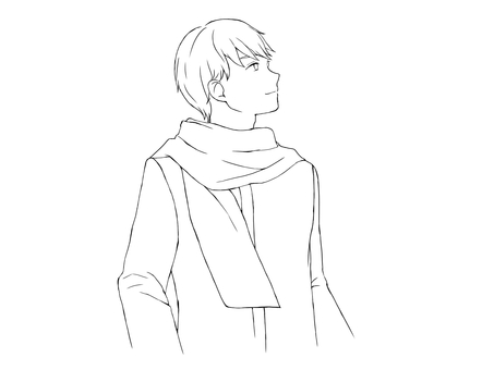 マフラーを巻いた男性（線画） 男性,人物,線画,前向き,微笑む,ポジティブ,見上げる,横顔,マフラー,冬のイラスト素材