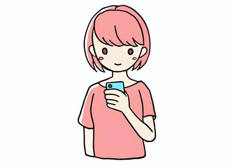 スマホを持っている桃色の女の子のイラスト 女の子,スマートフォン,左手,手描き,かわいい,スマホ,女性,握る,携帯,携帯電話のイラスト素材