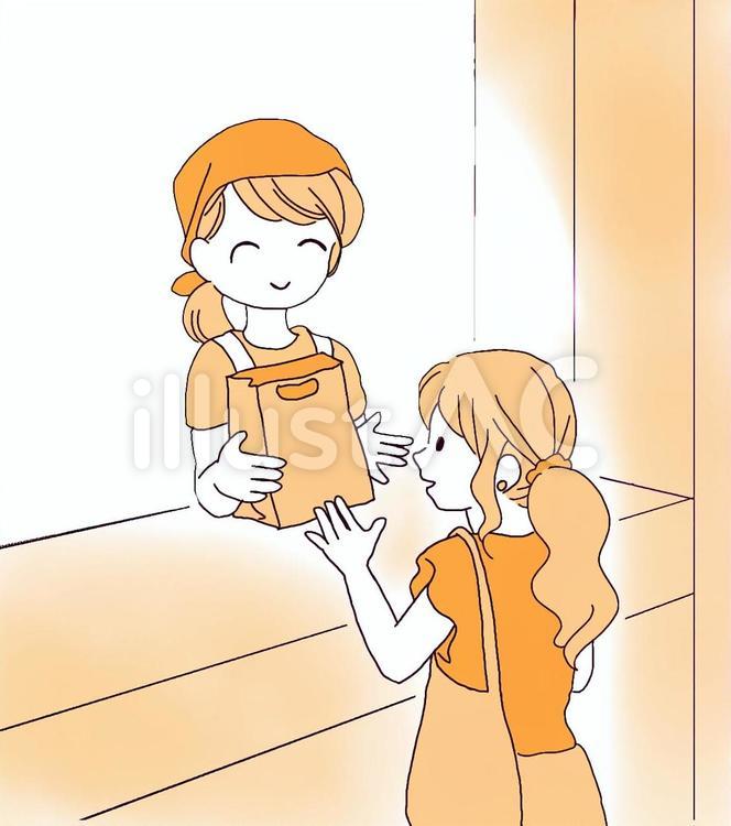 テイクアウトを渡す店員と受け取るお客 お持ち帰り,テイクアウトカウンター,女性のイラスト素材