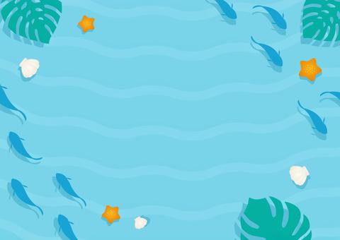 夏の海、夏のおしゃれな背景 夏,海,背景,波,魚,ビーチ,フレーム,枠,夏休み,海水浴のイラスト素材