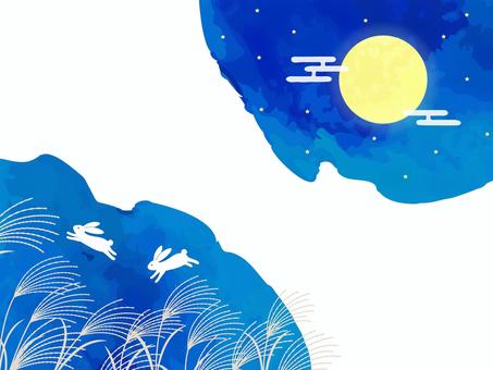 秋のお月見うさぎと満月のイラスト05 お月見,十五夜,中秋の名月,秋,うさぎ,満月,ススキ,夜,植物,星のイラスト素材