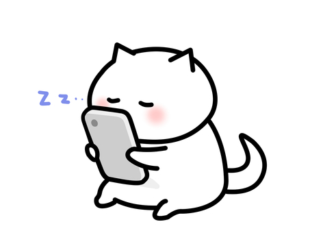 スマホを見ながら寝ちゃった可愛いねこ 寝る,居眠り,寝落ち,スマホ,iphone,猫,可愛い,手描き,動物,イラストのイラスト素材