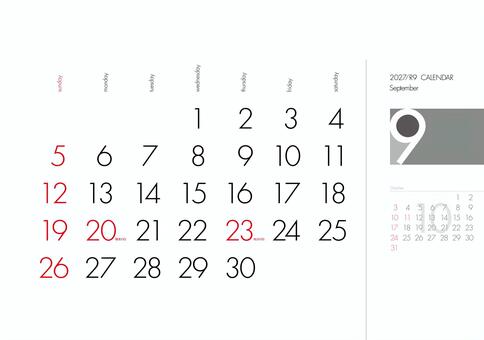 2027年カレンダー　9月　令和9年 カレンダー,シンプル,2027,令和9年,9月,グレー,スケジュール,白地,祝日,日曜始まりのイラスト素材