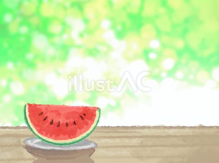 スイカのある縁側の風景壁紙 夏,水彩,スイカのイラスト素材