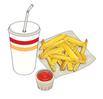 ポテトとドリンクのセットメニュー ファストフード,ジャンクフード,ポテト,フライドポテト,ケチャップ,トマトケチャップ,ドリンクカップ,ドリンク,ジュース,カップのイラスト素材