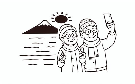 富士山の見える海で自撮りをするシニア家族 人物,自撮り,初日の出,海,シニア,高齢者,夫婦,おばあちゃん,おじいちゃん,正月のイラスト素材